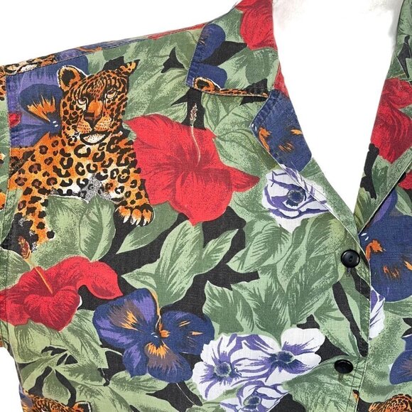 Caribou Womens Camp Shirt Green Size Medium Vintage Floral Leopard Print Button - Picture 5 of 12
